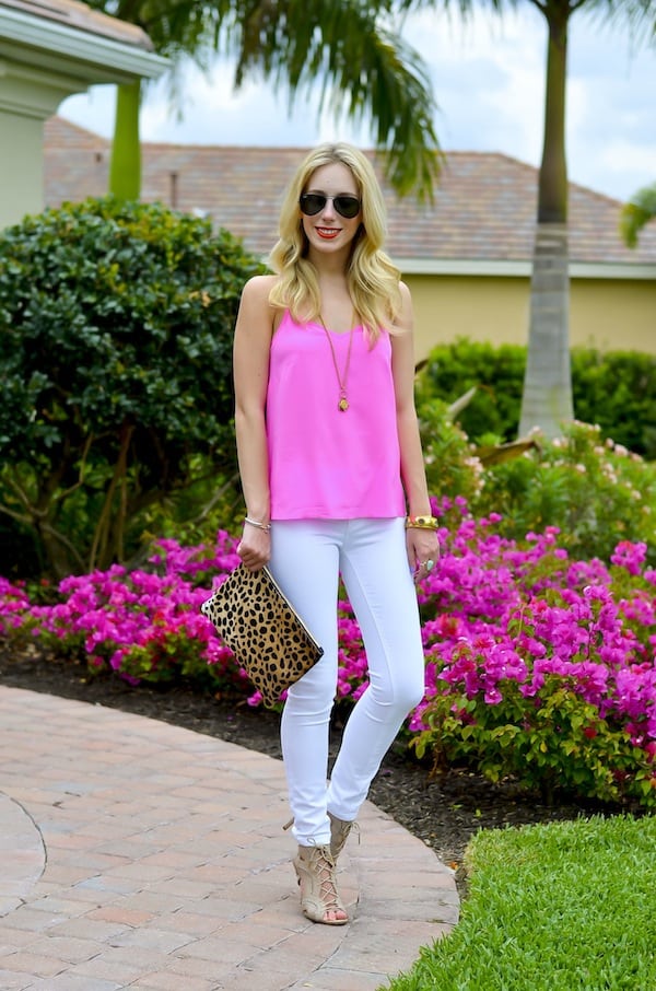 White Jeans and Pink Silk Tank in Florida - Katie's Bliss