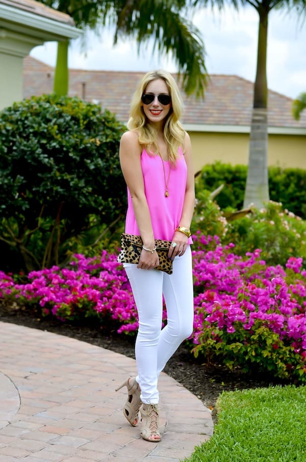 White Jeans and Pink Silk Tank in Florida - Katie's Bliss