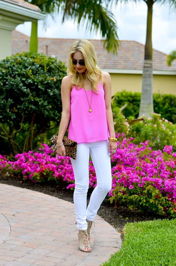 White Jeans and Pink Silk Tank in Florida - Katie's Bliss