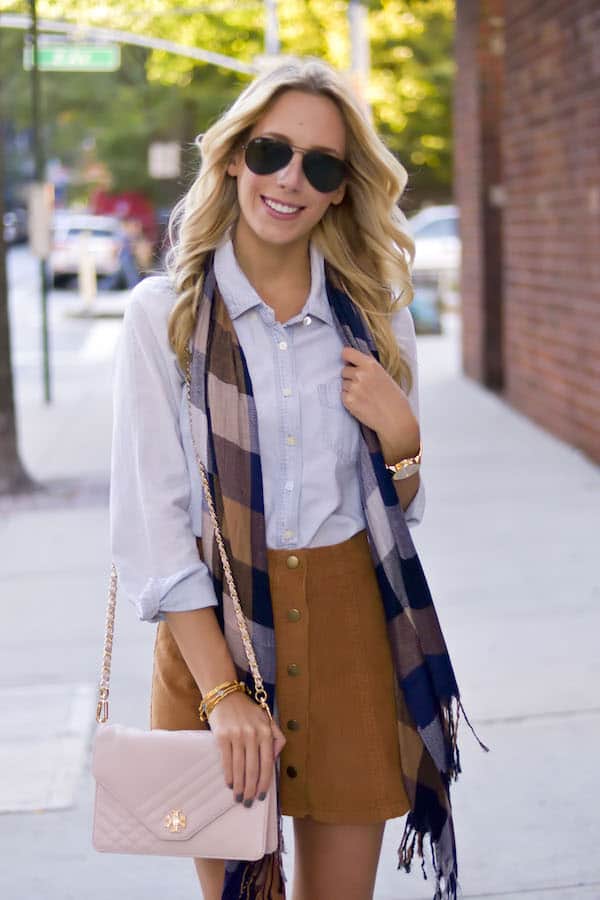 Corduroy Skirt + Plaid Scarf