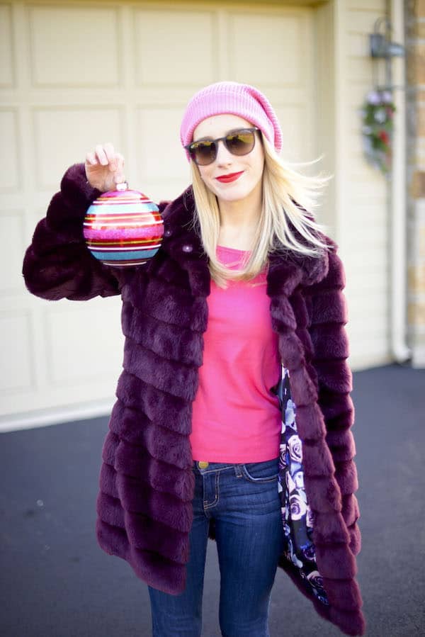 Pink Beanie and Faux Fur Coat