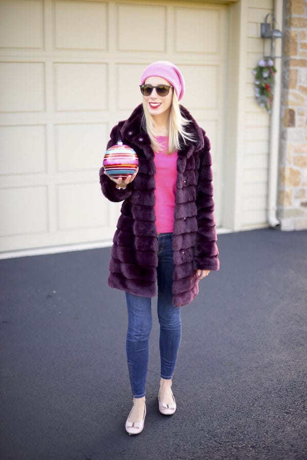 Pink Beanie and Faux Fur Coat