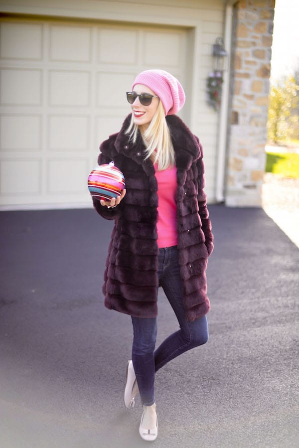 Pink Beanie and Faux Fur Coat