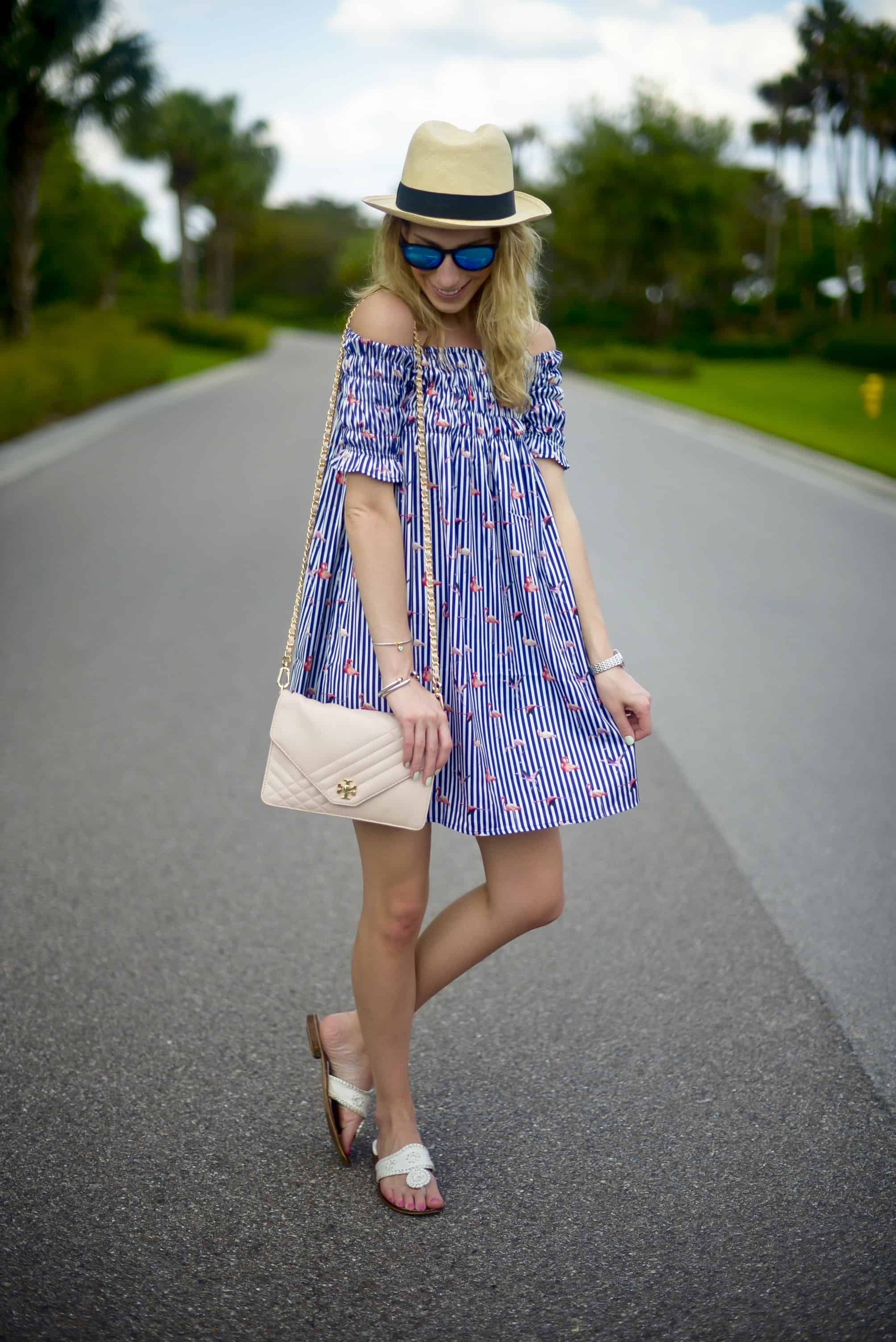 Flamingo Print Off Shoulder Dress - Katie's Bliss