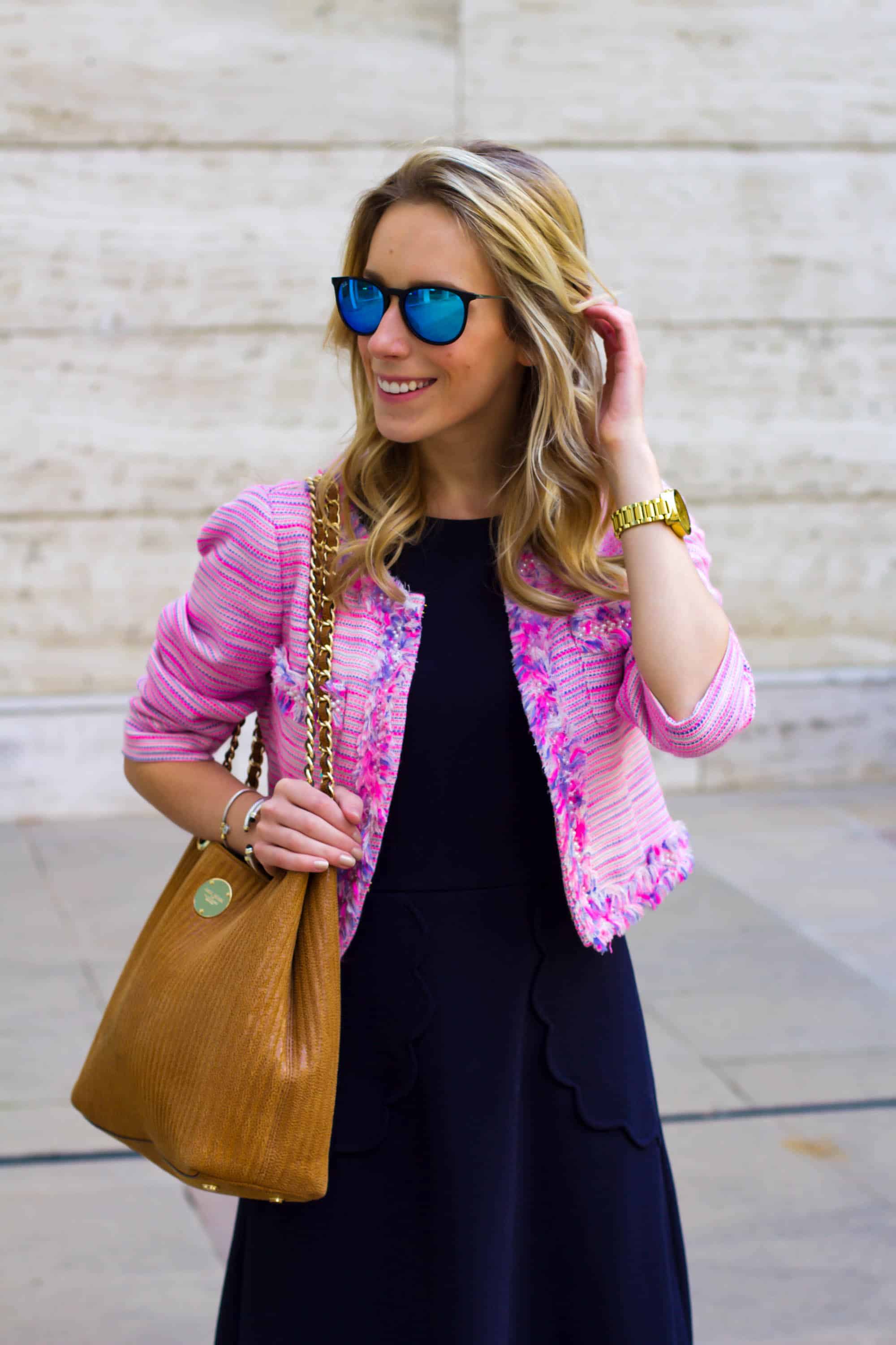 Pink tweed hotsell jacket outfit