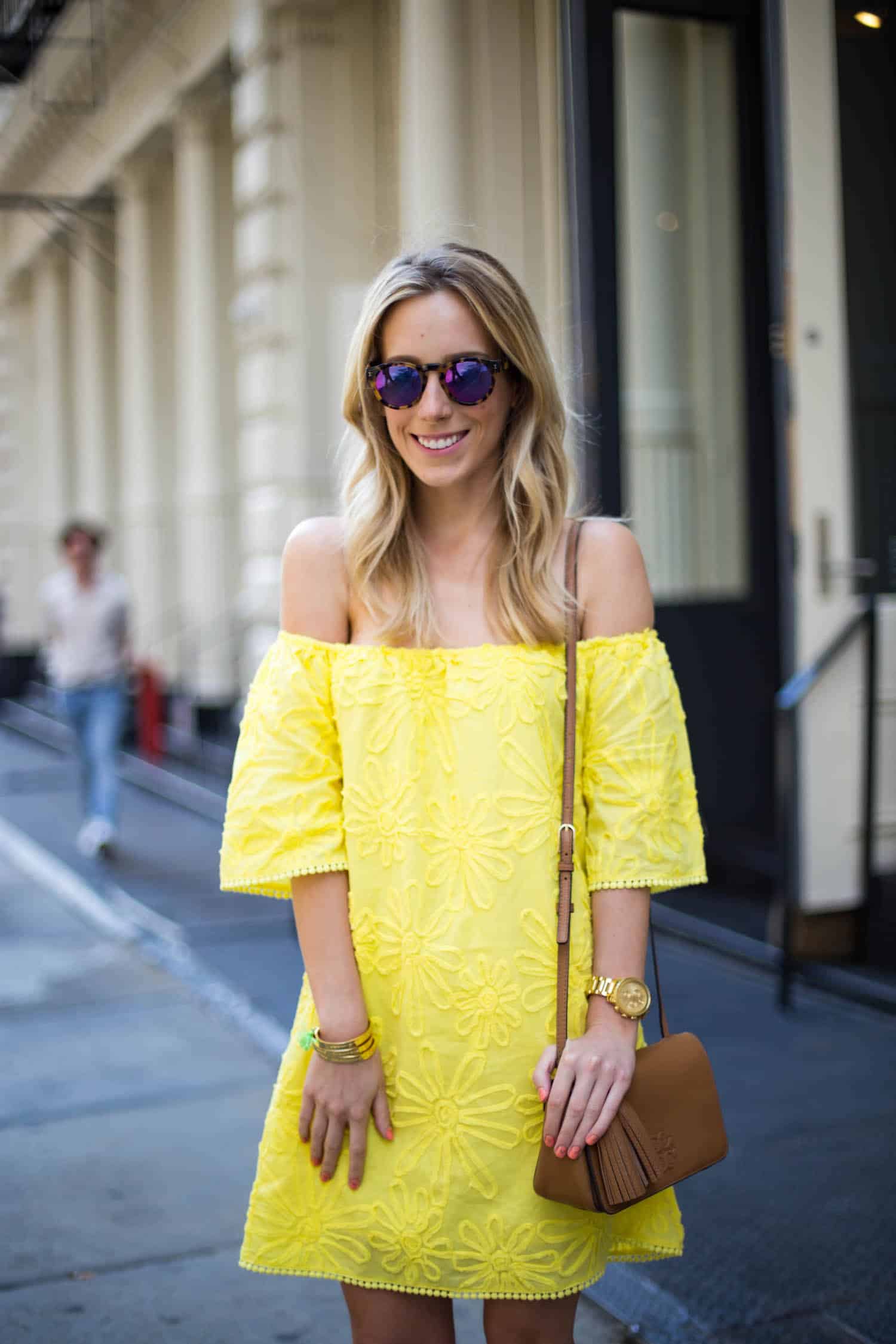 neon yellow off the shoulder dress