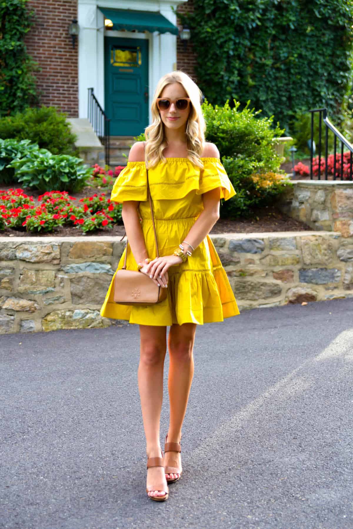 yellow off the shoulder ruffle dress