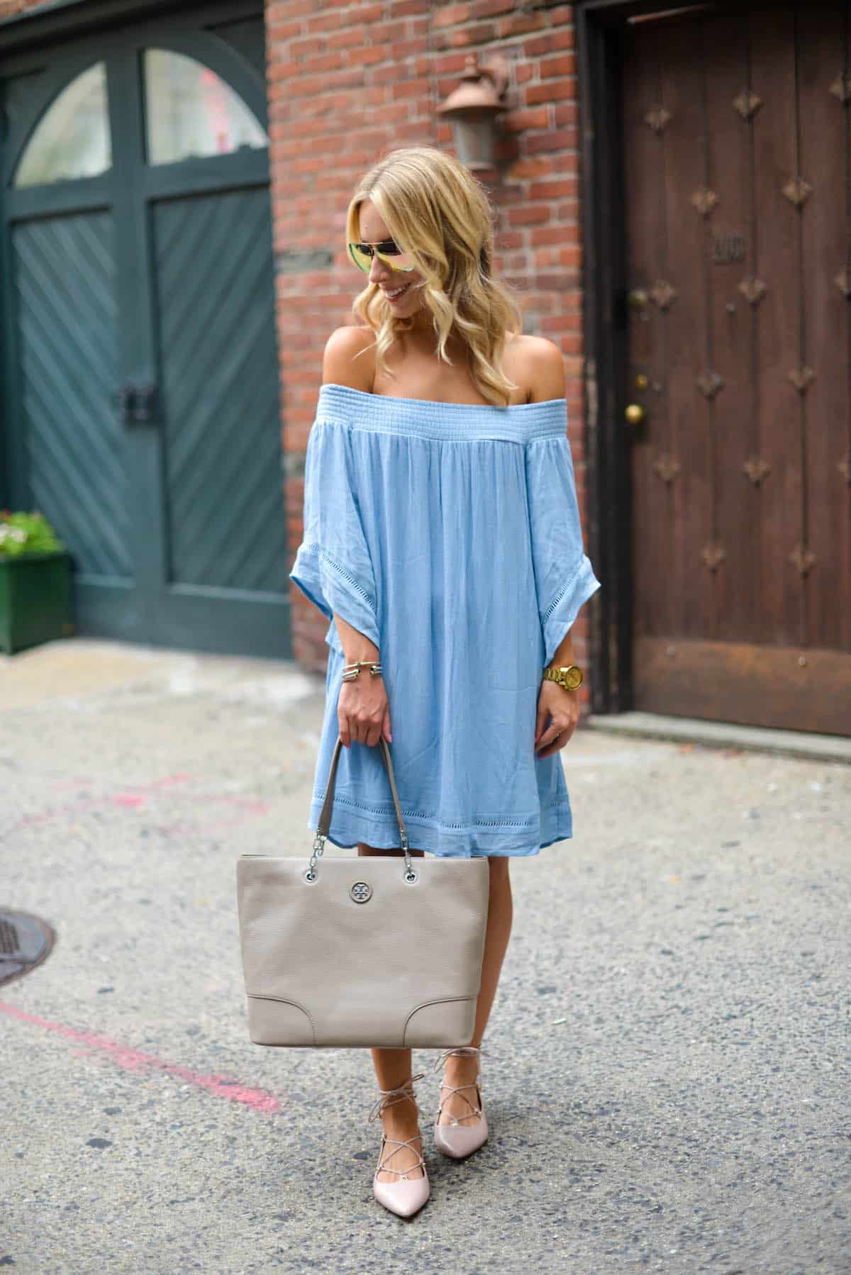 Off The Shoulder Chambray Dress