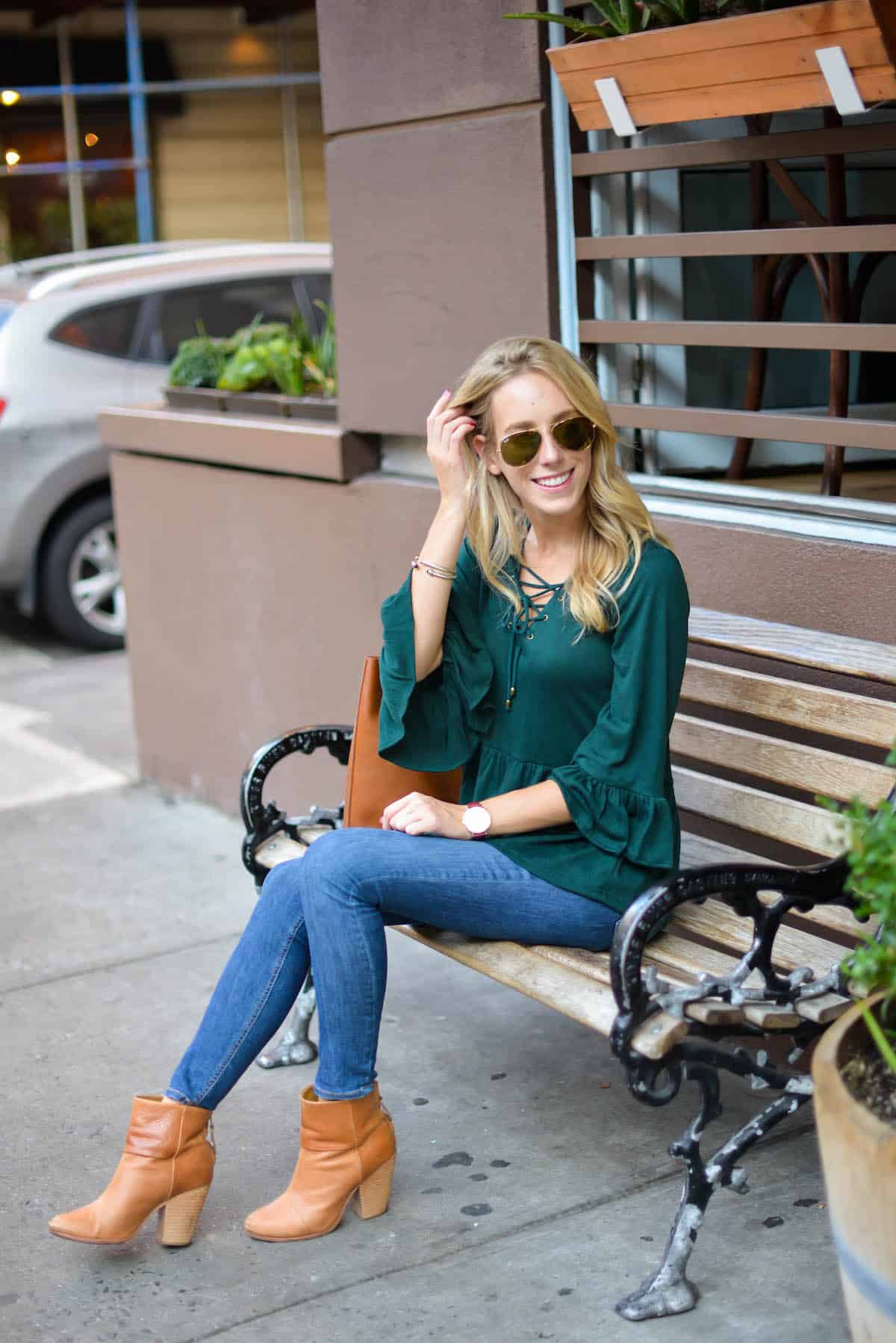 Green Lace-Up Bell Sleeve Top