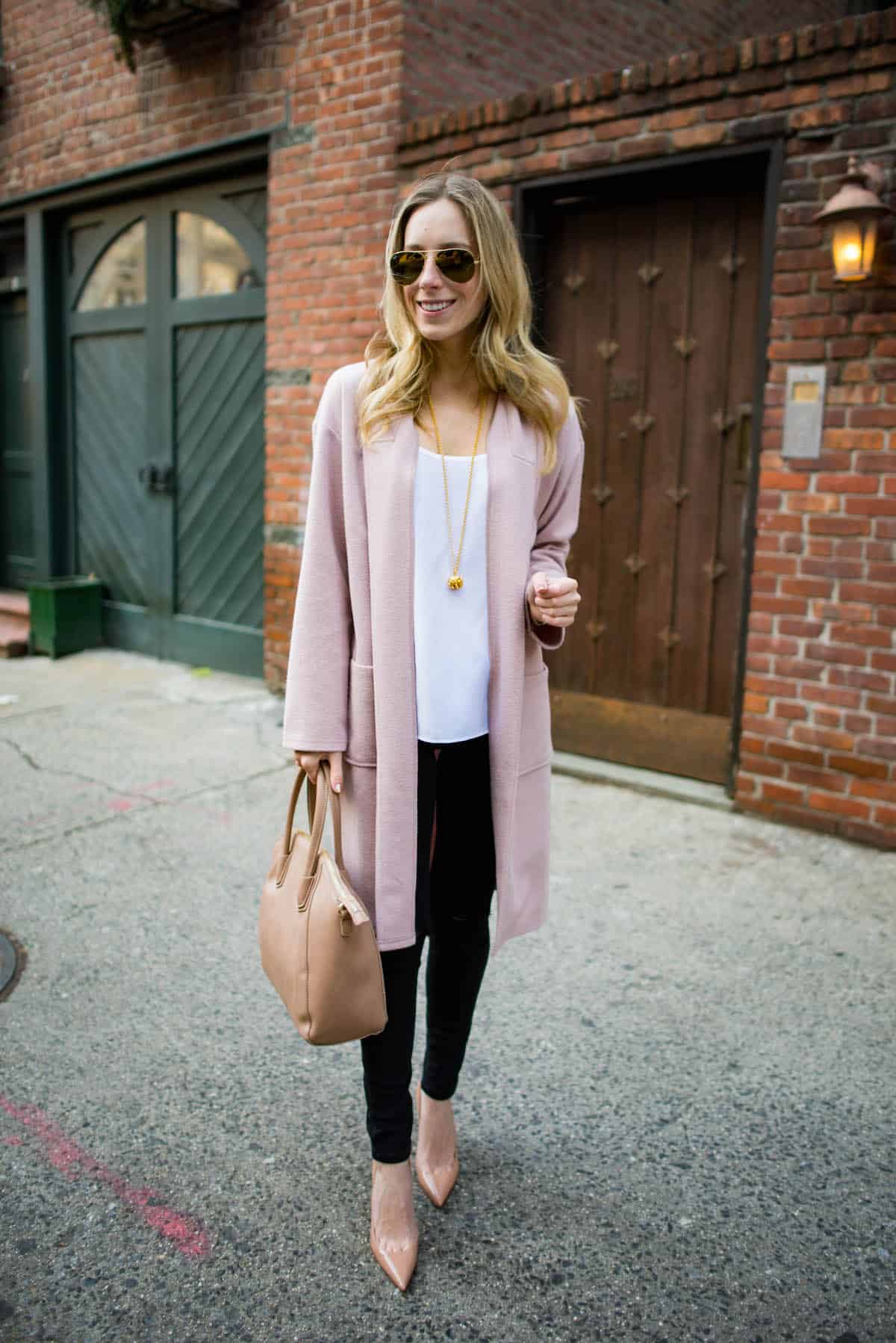 long pink cardigan outfit