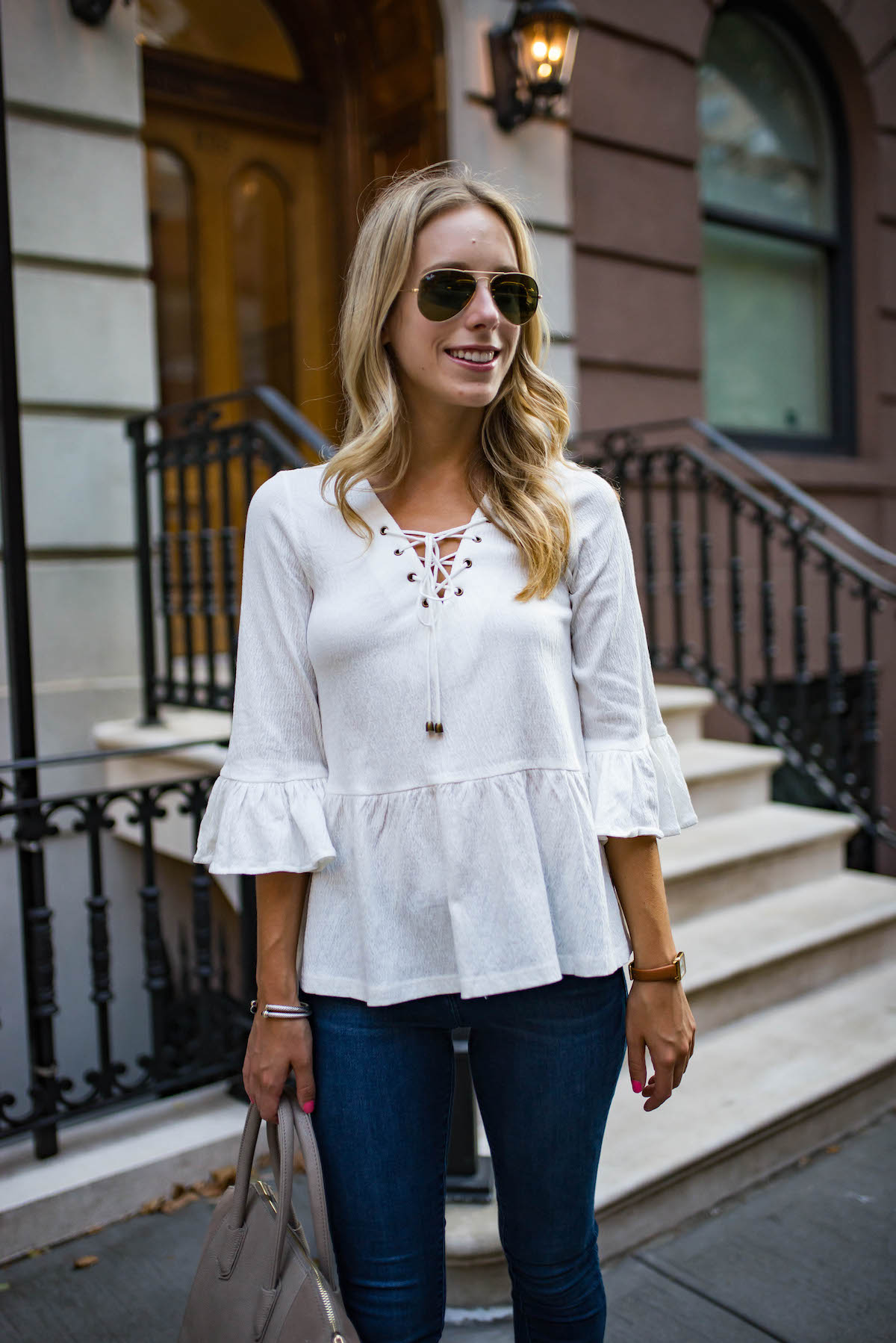 White Bell Sleeve Ruffle Top