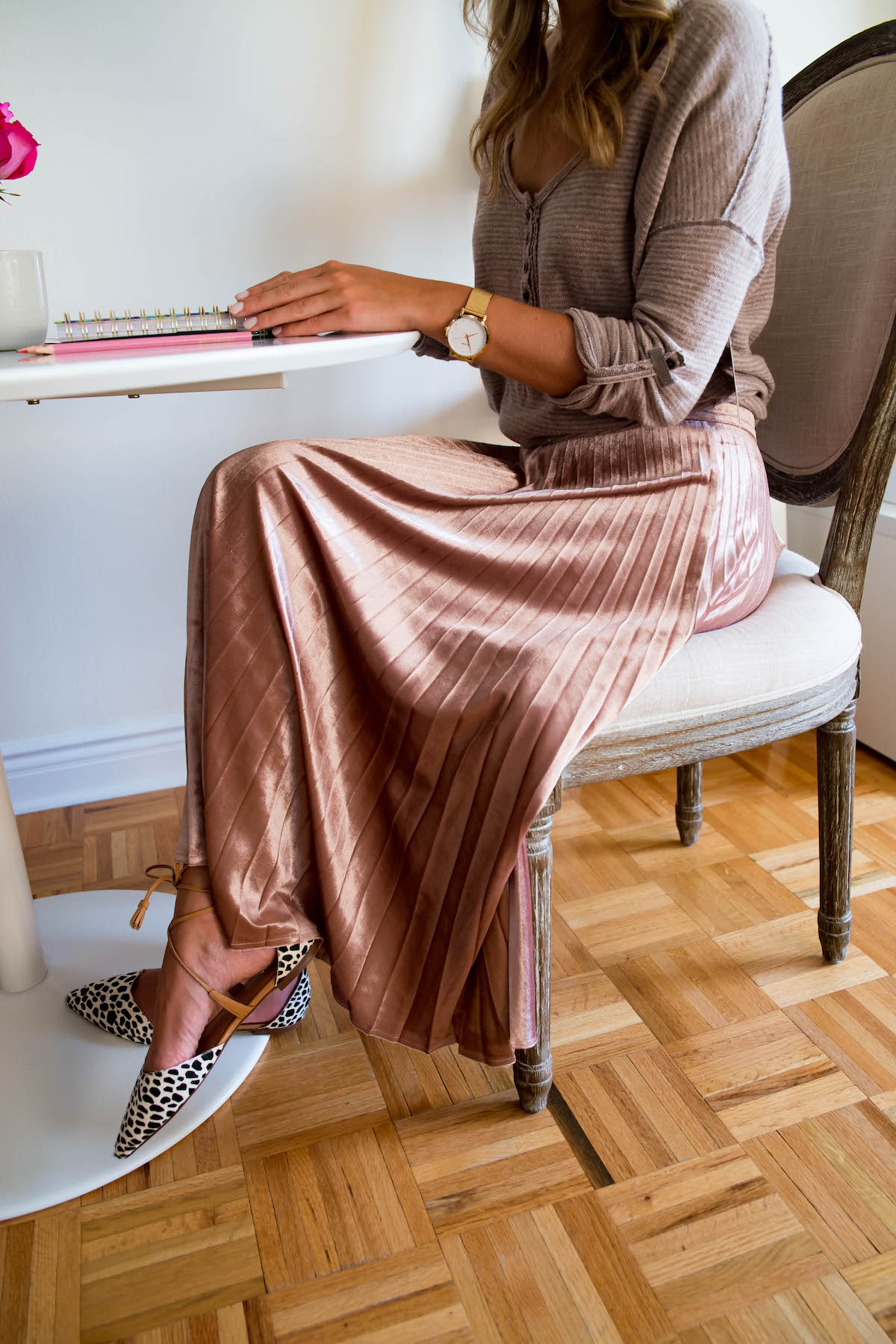 Rose Gold Pleated Midi Skirt