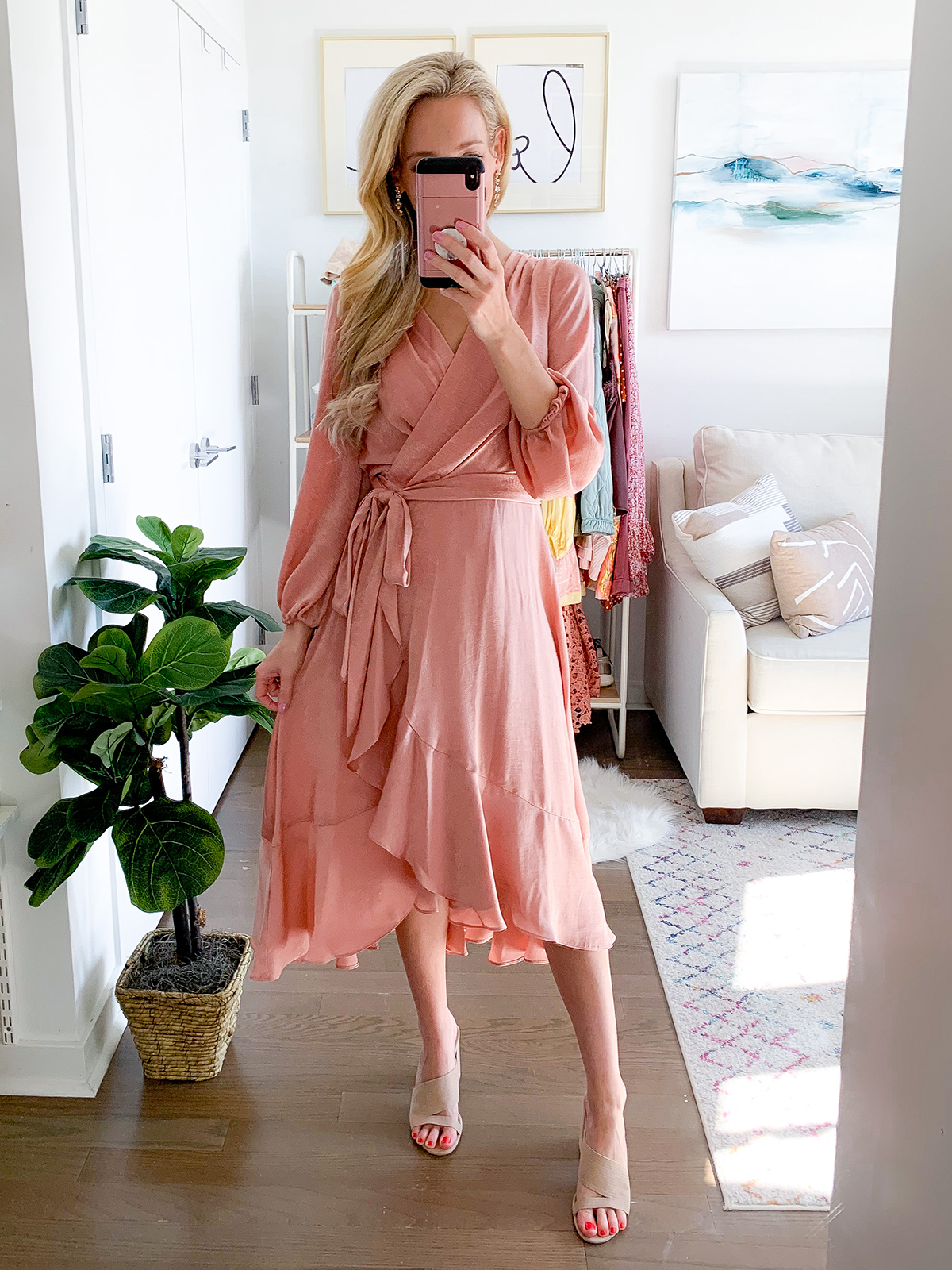 Pink Midi Ruffle Wrap Dress